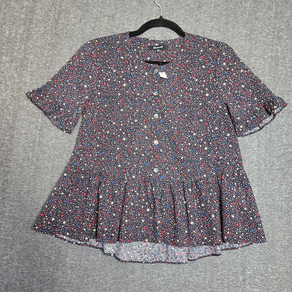 Madewell Studio Ruffle Hem Top Starry Night Red White Blue Patriotic Size XS NWT